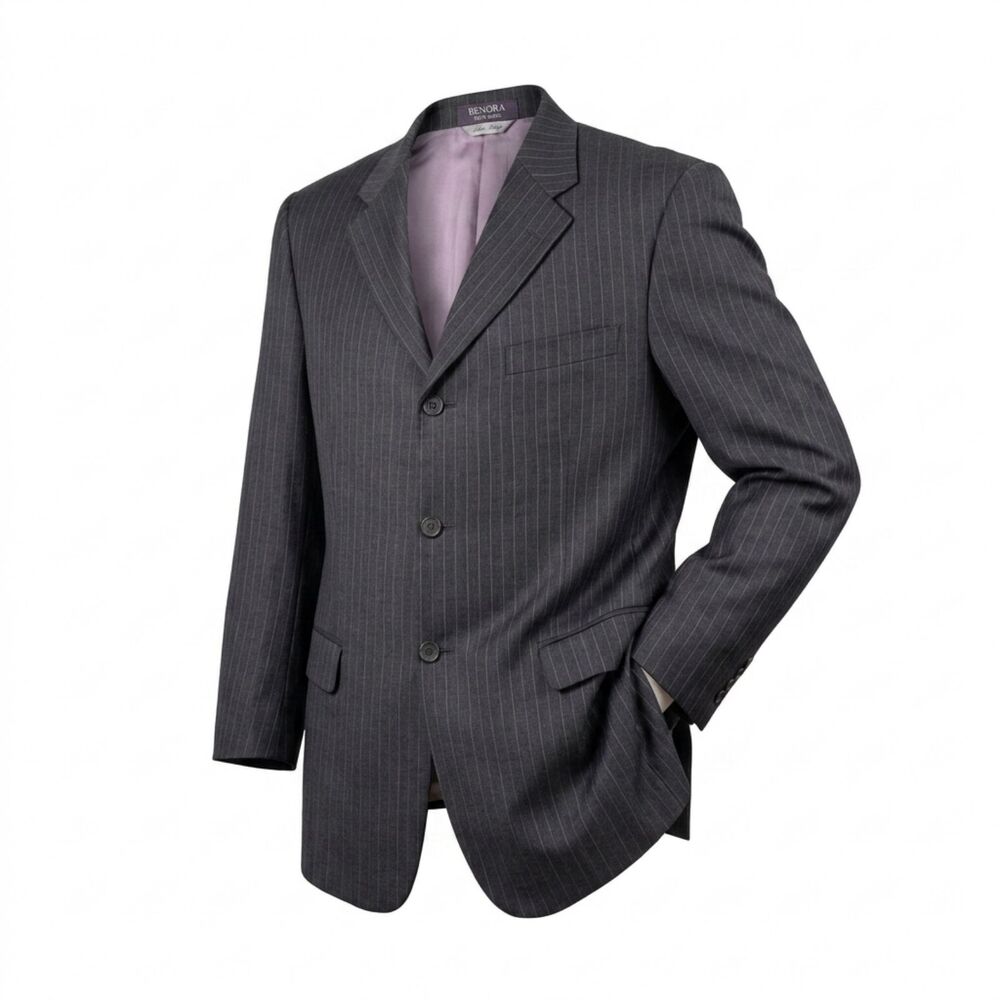 Benora 100% Wool Suit Jacket 42S Blazer Suitcoat Grey Pinstripe Made in Italy